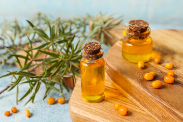 Bottles of sea buckthorn essential oil on color background