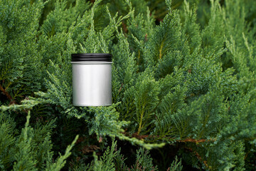 Cosmetic metal jar on fir tree bush natural light. High quality photo