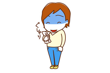 ＜全身・斜め＞紙をぐしゃりと握りつぶして顔色悪く不穏な笑顔を浮かべる白人男性