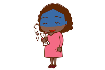 ＜全身・斜め＞紙をぐしゃりと握りつぶして顔色悪く不穏な笑顔を浮かべるアフリカ系女性