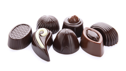 Sweet chocolate candies on white background