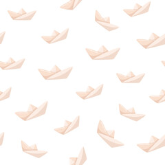 Seamless pattern with paper ships. Origami folded boats in cartoon style on white background