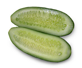 Two slices of cucumber isolated on a white tone.Green, fresh, juicy cucumber slices.For use in printing and web design.