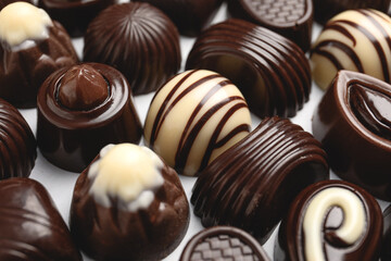 Sweet chocolate candies on light background
