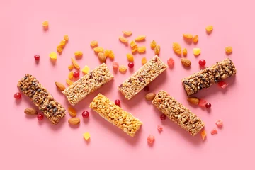 Zelfklevend Fotobehang Healthy cereal bars on color background © Pixel-Shot