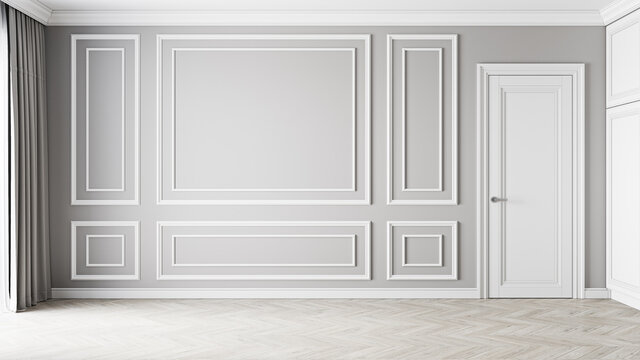 Classic gray empty interior with moldings and door. 3d render illustration mockup.