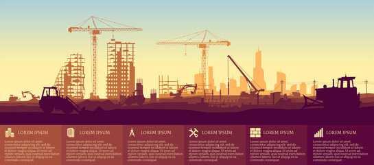 Construction site with a tower crane. Construction of houses. Infographics for website or presentation. Modern city. Panoramic view of the construction site. EPS 10