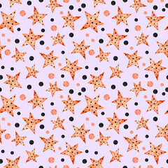 Watercolor orange and black stars and dots on violet background seamless pattern. Bright shapes repeat print for textile, fabric, wallpaper, wrapping, design and decoration.