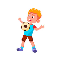 Boy Child Catching Soccer Ball On Chest Vector. Caucasian Kid Player Play Football And Catch Ball On Chest. Team Sport Game On Stadium. Character Infant Sportive Activity Flat Cartoon Illustration
