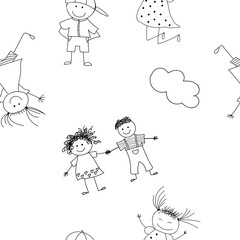Seamless pattern with children's sketches. Funny caricatures of children. Sketches with children playing. A small child drew his first drawings.