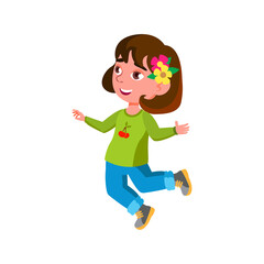 Happy Emotion Girl Kid Jumping With Smile Vector. Happiness Little Lady Child Jump And Smiling, Positive Emotion. Character Infant Having Fun Mood Expression Flat Cartoon Illustration