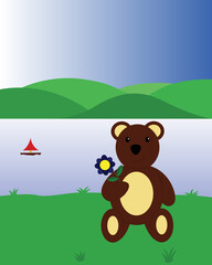 Obraz na płótnie Canvas Cute bear sitting on the grass holding a flower, vector illustration