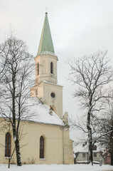 Fototapeta na wymiar Lutheran church in winter day, Kuldiga, Latvia.