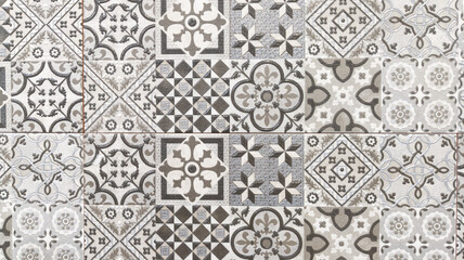 abstract grey brown tile Floral Mosaic portuguese Pattern azulejo design background - obrazy, fototapety, plakaty