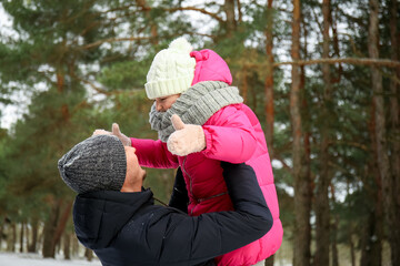 Happy father and his little daughter in park on winter day
