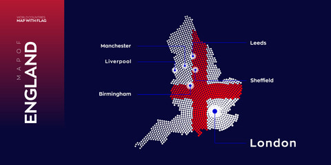 Obraz na płótnie Canvas England map with flag info graphic. Abstract vector map of England with capital and major cities. Dots composition map on dark background. 