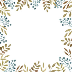 Hand drawn watercolor painting with greenery frame composed of green twigs and leaves. Foliage frame for wedding invitation or greenery border for stationery. Watercolour floral illustration.