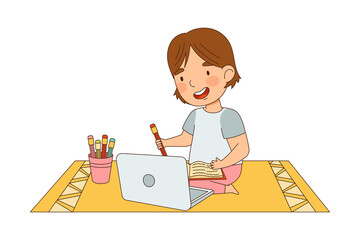 Home Study and Distance Learning with Girl In Front of Laptop Training and Doing Homework Vector Illustration