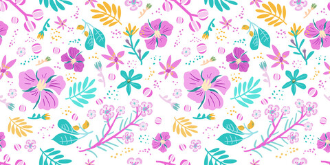 Seamless floral pattern with bright colorful flowers and tropical leaves on white background template for fashion prints. Modern floral background. Hand draw vector illustration.