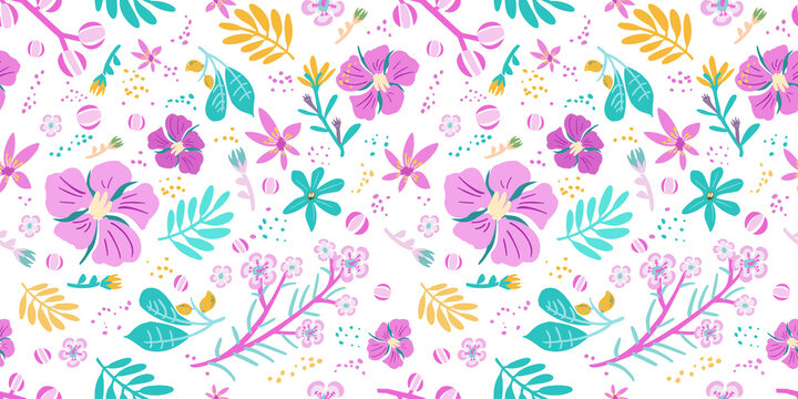 Seamless floral pattern with bright colorful flowers and tropical leaves on white background template for fashion prints. Modern floral background. Hand draw vector illustration.