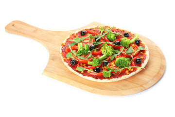 Board with tasty vegetarian pizza on white background