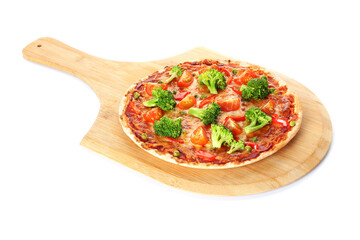 Board with tasty vegetarian pizza on white background