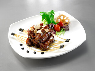braised pork belly spare ribs trotter with vegetable in dark soy thick sauce fine dining plating asian meat menu