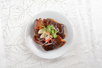 braised pork belly spare ribs trotter with vegetable in dark soy thick sauce fine dining plating asian meat menu