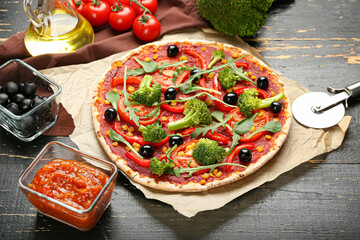 Parchment with tasty vegetarian pizza and sauce on dark wooden background