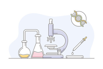 Medicine with Flask and Microscope Examining DNA Line Vector Illustration