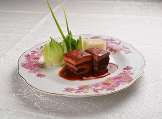 braised pork belly spare ribs trotter with vegetable in dark soy thick sauce fine dining plating asian meat menu