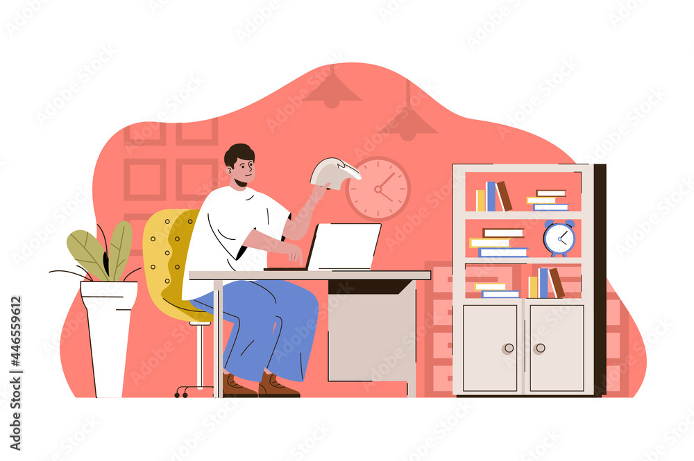 Poster exemplary management concept. employee working on laptop in office situation. successful workflow or