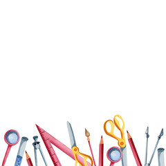 School frame, frame of school objects, school supplies, card, letter.