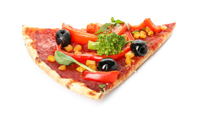 Slice of tasty vegetarian pizza on white background