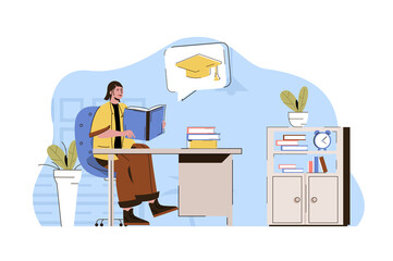 Higher education concept. Student reads textbook, prepares for final exams situation. Studying at University people scene. Vector illustration with flat character design for website and mobile site