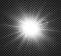 Special lens flash, light effect. The flash flashes rays and searchlight. illust.White glowing light. Beautiful star Light from the rays. The sun is backlit. Bright beautiful star. Sunlight. Glare.	