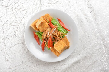 stir fried mixed vegetables with bean curd tofu, long bean and silver fish asian halal snack menu