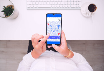 Top view woman using mobile smart phone searching location with location pin icons on map gps...