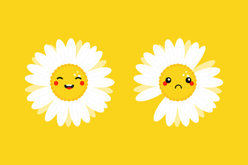 Set, collection of cute cartoon style happy and sad camomile, daisy flowers characters for nature design.
