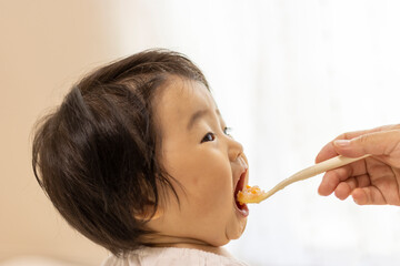 離乳食を食べる赤ちゃん（1歳、女の子、日本人）
