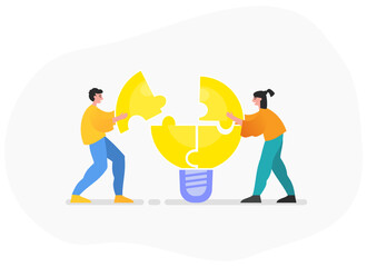Brainstorming in group, teamwork, generate ideas together. Two people combine idea puzzle. Modern vector illustration