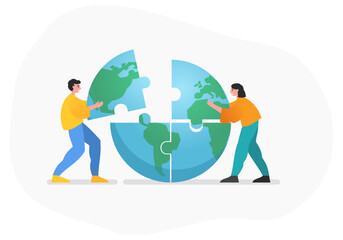 Earth care day, environment protection. Two people combine, connect earth puzzle. Modern vector illustration