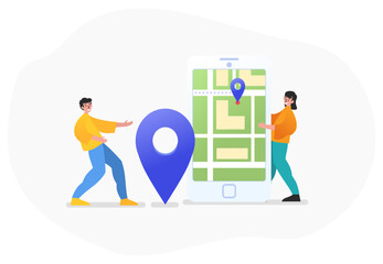 Mobile map application, navigation. Contacts, our location. Two people stand near big phone with map. Modern vector illustration