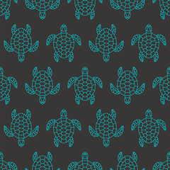 Seamless pattern wiht geometric turtles. Dark gray background with  blue turtles. Print for fabric. Vector illustration.