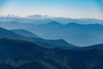 view of the snowy peaks, taiga of Gorny Altai from a height of 2,600 meters above sea level