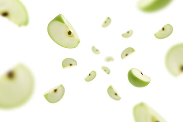 Stack of green Apple falling or flying.Creative levitation food