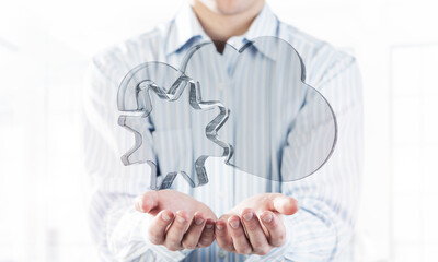 Computer and internet security concept presented by icon in male palm. Mixed media