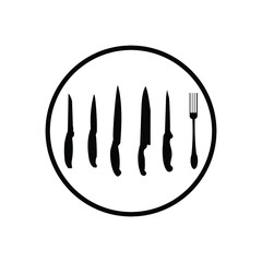 kitchen and cooking vector icons in a circle: Knife, ax, fork, spoon