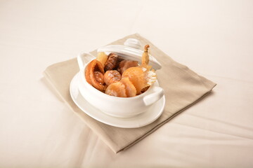 luxury mini buddha jump over the wall braised mixed premium seafood in clay pot with scallop,...