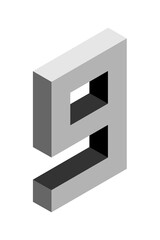 Gray number 9 in isometric style. Isolated on white background. Learning numbers, serial number, price, place.